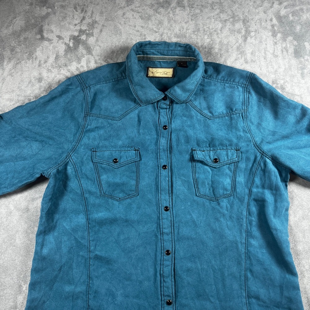 VTG Legacy Falls For Her Womens Medium Teal Faux Suede Western Snap Shirt Blue